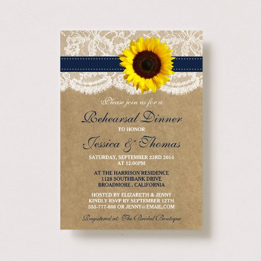 Rustic Sunflower Wedding Rehearsal Dinner - Navy Kaart