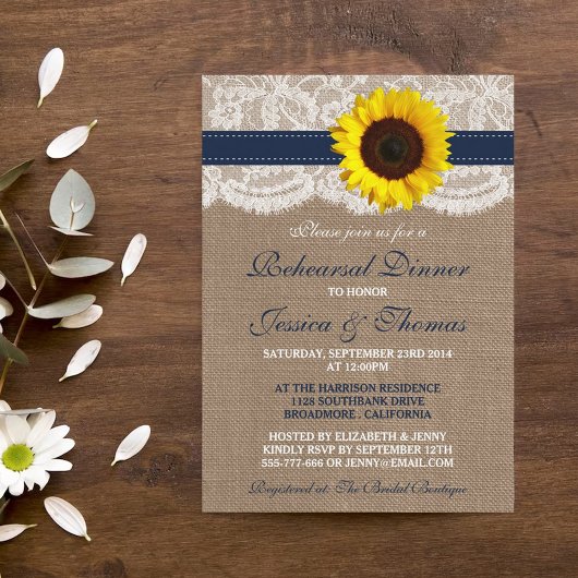 Rustic Sunflower Wedding Rehearsal Dinner - Navy Kaart
