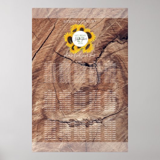 Rustic Sunflower Wedding Seating Chart Poster (Voorkant)