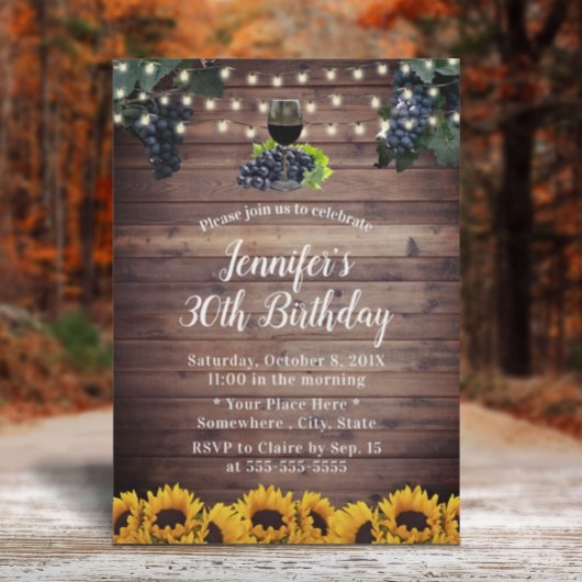 Rustic Sunflower Wine 30th Birthday Kaart