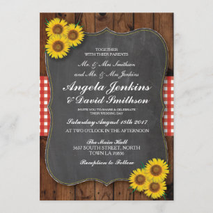 Rustic Sunflower Wood Chalk Invite Kaart