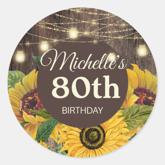 Rustic Sunflower Wood String Lights 80th Birthday Ronde Sticker (Voorkant)
