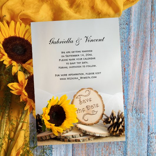 Rustic Sunflower Woodland Wedding Save the Date Kaart