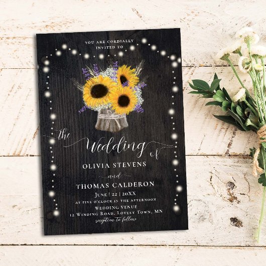 Rustic Sunflower's Breath Lavender Wedding Kaart