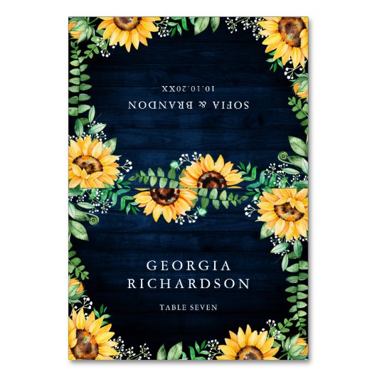 Rustic Sunflower's Breath Navy Blue Wedding Kaart (Voorkant)