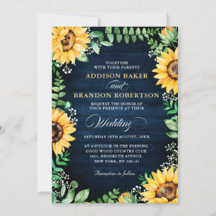 Rustic Sunflower's Breath Navy Blue Wedding Kaart