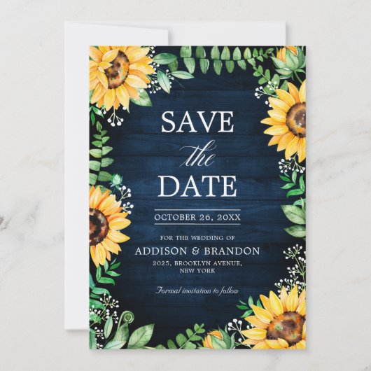 Rustic Sunflower's Breath Navy Blue Wedding Save The Date (Voorkant)