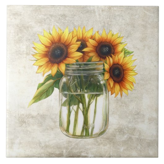 Rustic Sunflowers in Vintage Jar Tegeltje (Voorkant)