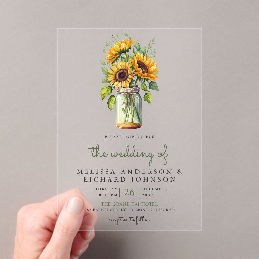 Rustic Sunflowers Mason Jar Wedding Acryl Uitnodigingen (Insitu (Draagbaar))