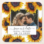 Rustic sunflowers photo wedding save the date vierkante kartonnen onderzetter (Voorkant)