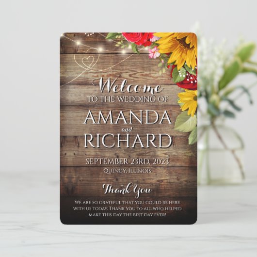 Rustic Sunflowers & Rose Wedding Programme (Debout devant)