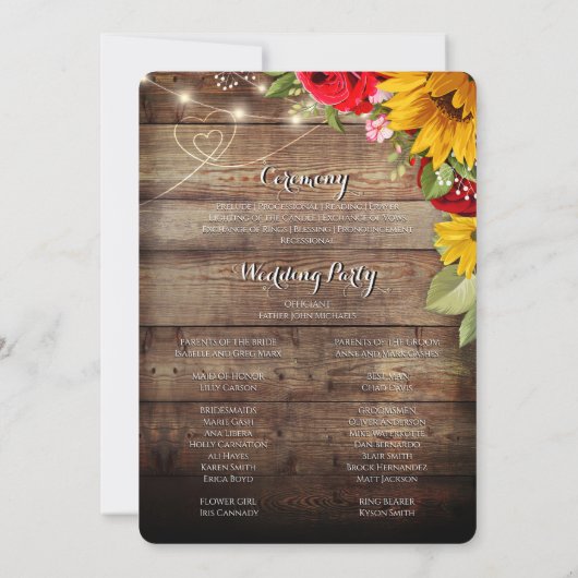 Rustic Sunflowers & Rose Wedding Programme (Dos)