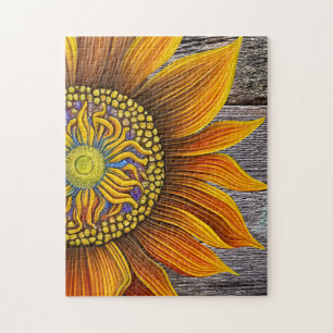 Rustic Sunny Sunflower op Barn Board Legpuzzel