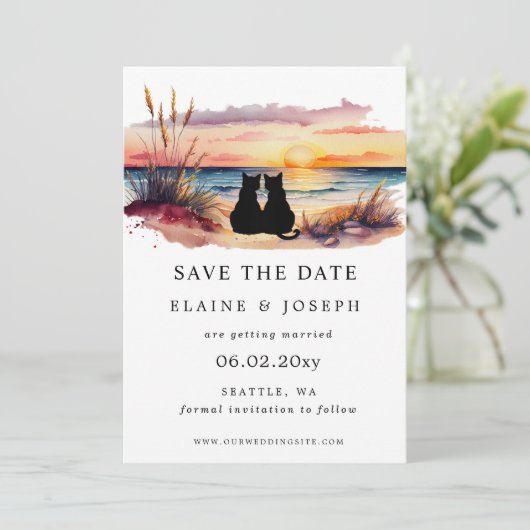 Rustic Sunset Beach Save The Date Cards (Debout devant)