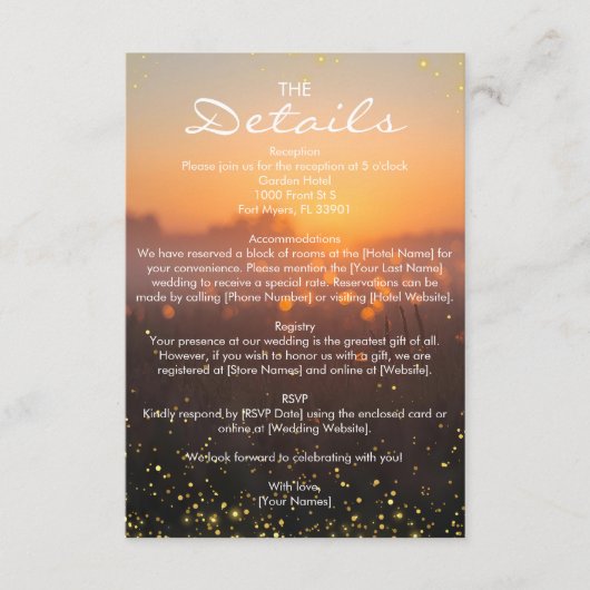 Rustic Sunset Nature Fireflies Wedding Details Informatiekaartje (Voorkant)