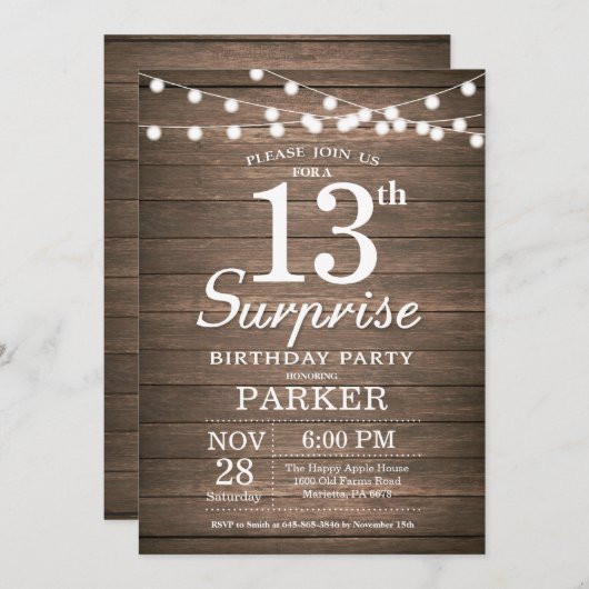 Rustic Surprise 13e anniversaire Invitation Bois (Devant / Derrière)