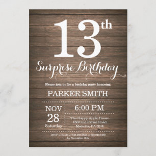 Rustic Surprise 13th Birthday Invitation Kaart