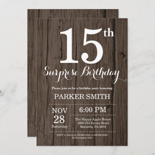 Rustic Surprise 15e anniversaire Invitation (Devant / Derrière)