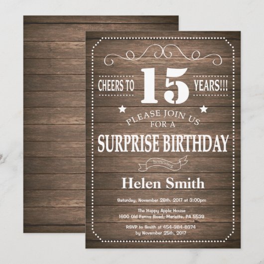 Rustic Surprise 15e anniversaire Invitation (Devant / Derrière)