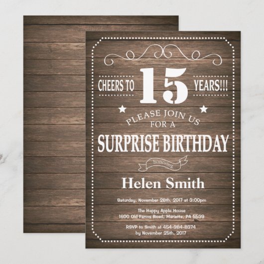 Rustic Surprise 15e anniversaire Invitation (Devant / Derrière)