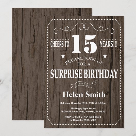Rustic Surprise 15e anniversaire Invitation (Devant / Derrière)