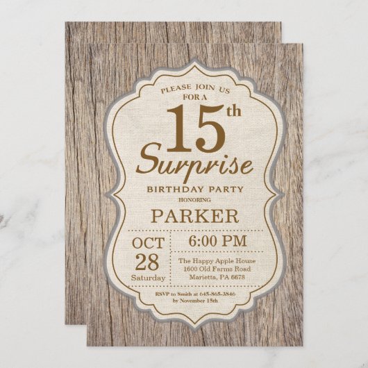 Rustic Surprise 15e anniversaire Invitation Bois (Devant / Derrière)