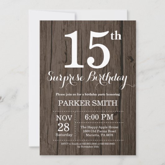 Rustic Surprise 15th Birthday Invitation Kaart (Voorkant)