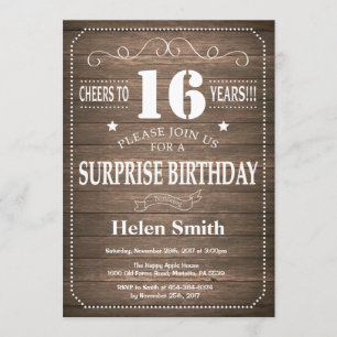 Rustic Surprise 16th Birthday Invitation Kaart