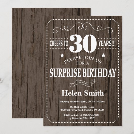 Rustic Surprise 30th Birthday Invitation (Devant / Derrière)
