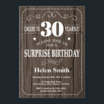 Rustic Surprise 30th Birthday Invitation<br><div class="desc">Rustic Surprise 30th Birthday Invitation. Typographie blanche. Arrière - plan rustique en bois. Anniversaire adulte. Hommes ou Femmes Anniversaire. Enfants Garçon ou fille Ado Anniversaire adolescent Invitation . 13ème 15ème 16ème 18ème 20ème 21ème 30ème 40ème 50ème 60ème 70ème 80ème 90ème 100ème. N'Importe Quel Âge. Pour plus de personnalisation, cliquez sur...</div>
