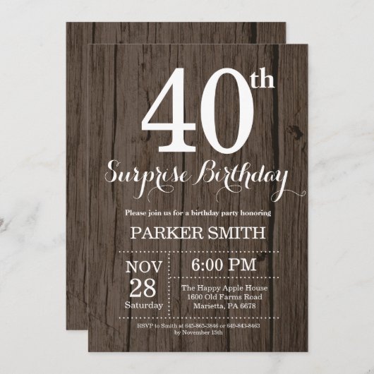 Rustic Surprise 40th Birthday Invitation (Devant / Derrière)