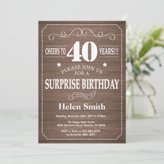 Rustic Surprise 40th Birthday Invitation (Debout devant)