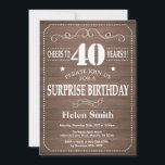 Rustic Surprise 40th Birthday Invitation<br><div class="desc">Rustic Surprise 40th Birthday Invitation. Typographie blanche. Arrière - plan rustique en bois. Anniversaire adulte. Hommes ou Femmes Anniversaire. Enfants Garçon ou fille Ado Anniversaire adolescent Invitation . 13ème 15ème 16ème 18ème 20ème 21ème 30ème 40ème 50ème 60ème 70ème 80ème 90ème 100ème. N'Importe Quel Âge. Pour plus de personnalisation, cliquez sur...</div>