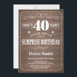 Rustic Surprise 40th Birthday Invitation<br><div class="desc">Rustic Surprise 40th Birthday Invitation. Typographie blanche. Arrière - plan rustique en bois. Anniversaire adulte. Hommes ou Femmes Anniversaire. Enfants Garçon ou fille Ado Anniversaire adolescent Invitation . 13ème 15ème 16ème 18ème 20ème 21ème 30ème 40ème 50ème 60ème 70ème 80ème 90ème 100ème. N'Importe Quel Âge. Pour plus de personnalisation, cliquez sur...</div>