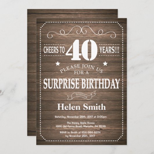 Rustic Surprise 40th Birthday Invitation (Devant / Derrière)