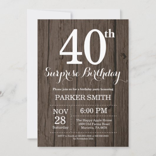 Rustic Surprise 40th Birthday Invitation Kaart (Voorkant)