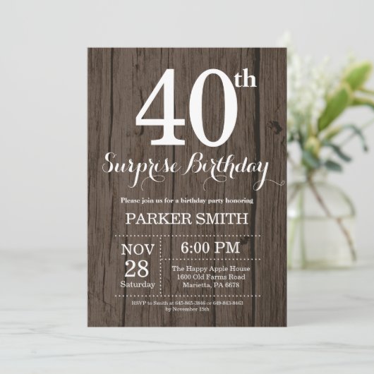 Rustic Surprise 40th Birthday Invitation Kaart (Staand voorkant)