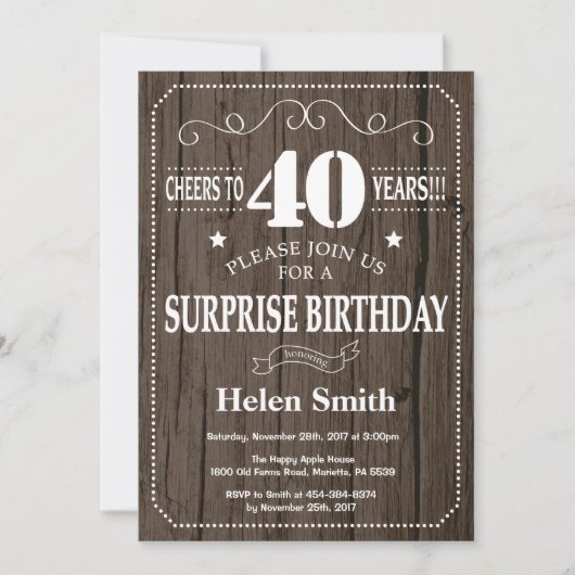 Rustic Surprise 40th Birthday Invitation Kaart (Voorkant)