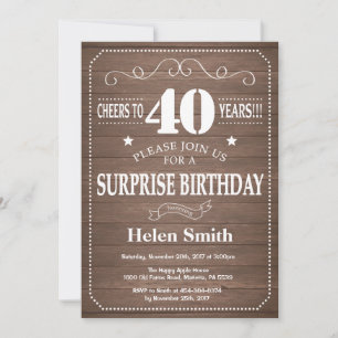 Rustic Surprise 40th Birthday Invitation Kaart