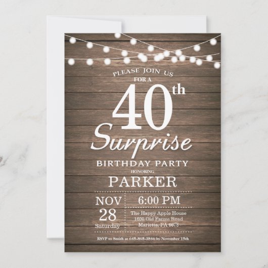 Rustic Surprise 40th Birthday Invitation Wood Kaart (Voorkant)