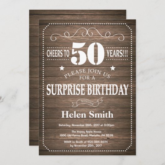 Rustic Surprise 50e anniversaire Invitation (Devant / Derrière)