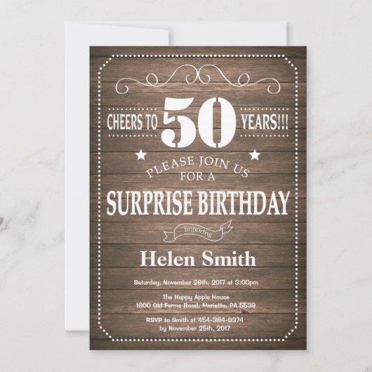 Rustic Surprise 50th Birthday Invitation Kaart (Voorkant)
