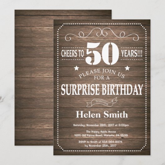 Rustic Surprise 50th Birthday Invitation Kaart (Voorkant / Achterkant)