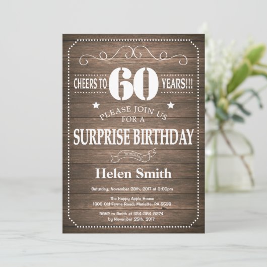 Rustic Surprise 60e anniversaire Invitation (Debout devant)