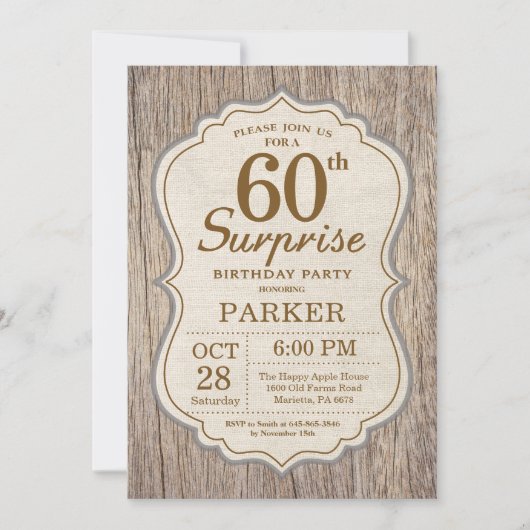 Rustic Surprise 60e anniversaire Invitation Bois (Devant)