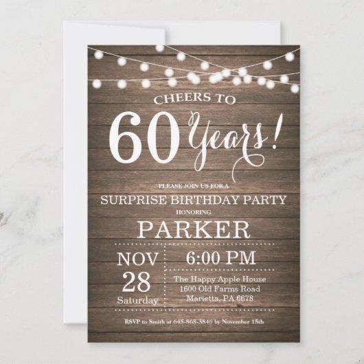 Rustic Surprise 60th Birthday Invitation Wood Kaart (Voorkant)