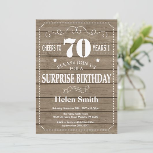 Rustic Surprise 70e anniversaire Invitation (Debout devant)