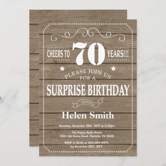 Rustic Surprise 70e anniversaire Invitation (Devant / Derrière)