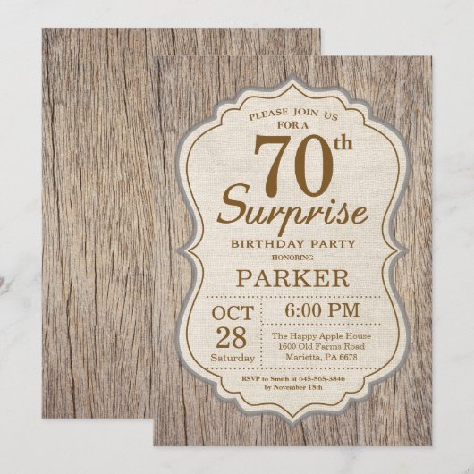 Rustic Surprise 70e anniversaire Invitation Bois (Devant / Derrière)