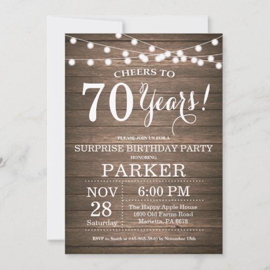 Rustic Surprise 70e anniversaire Invitation Bois (Devant)